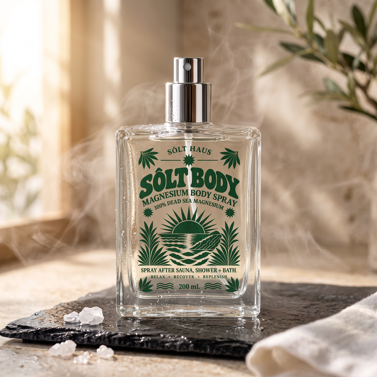 Sôlt Body magnesium spray on a green and cream striped Sôlt Haus pouch